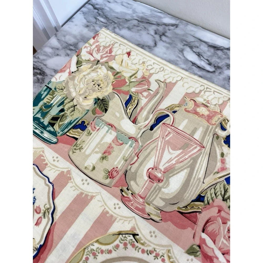 VTG Wilton Court Tea Party Tablecloth Cottage Core Romantic Birds Cotton 116X60